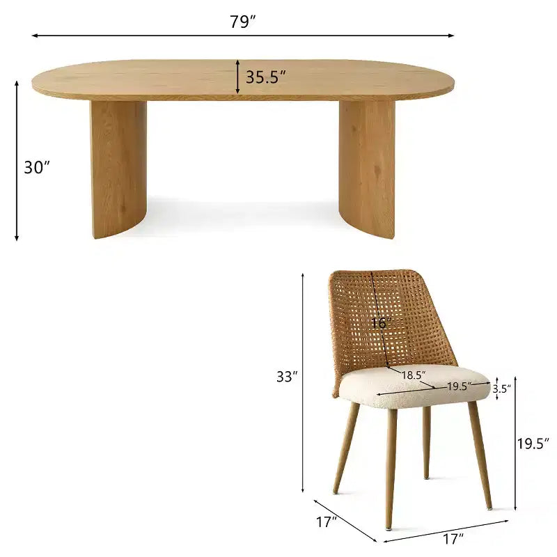 Modern Dining Table Set for 8, Oval 79 Table and Upholstered Dining Chairs with Rattan Backs, Perfect for Kitchens-Panipeachy