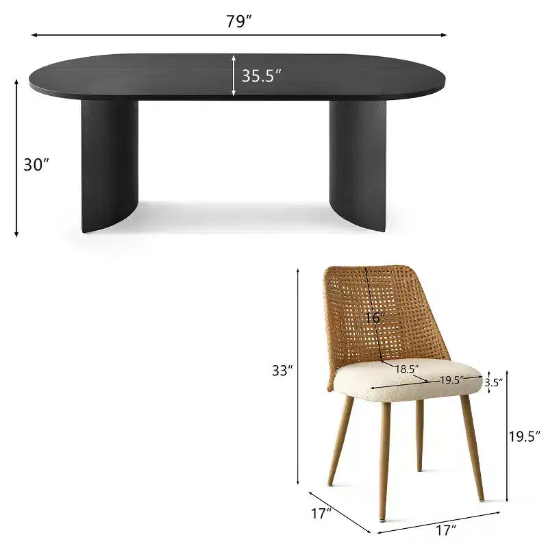 Modern Dining Table Set for 8, Oval 79 Table and Upholstered Dining Chairs with Rattan Backs, Perfect for Kitchens-Panipeachy