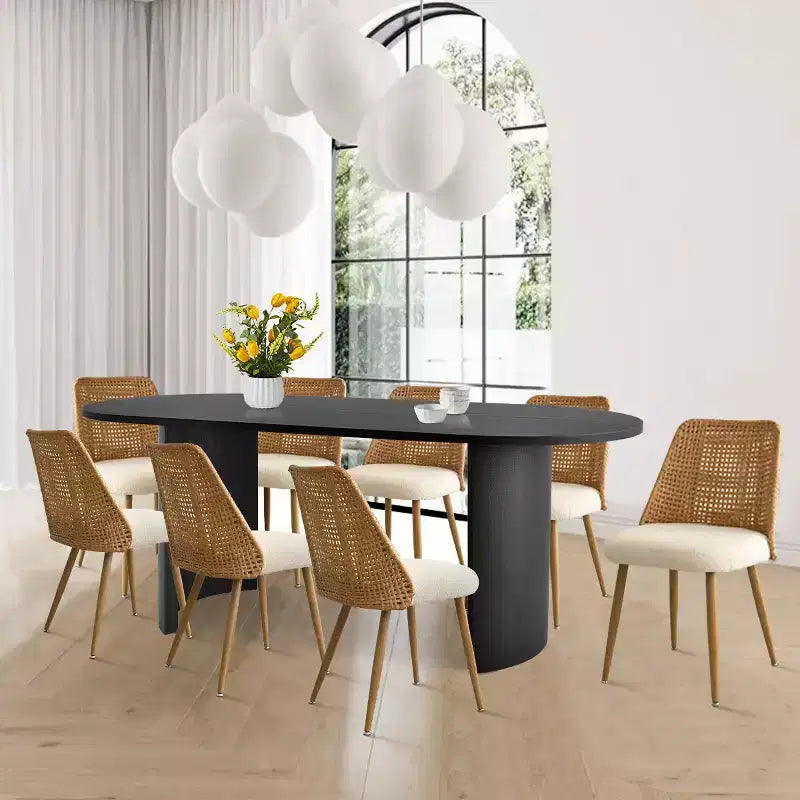 Modern Dining Table Set for 8, Oval 79 Table and Upholstered Dining Chairs with Rattan Backs, Perfect for Kitchens-Panipeachy