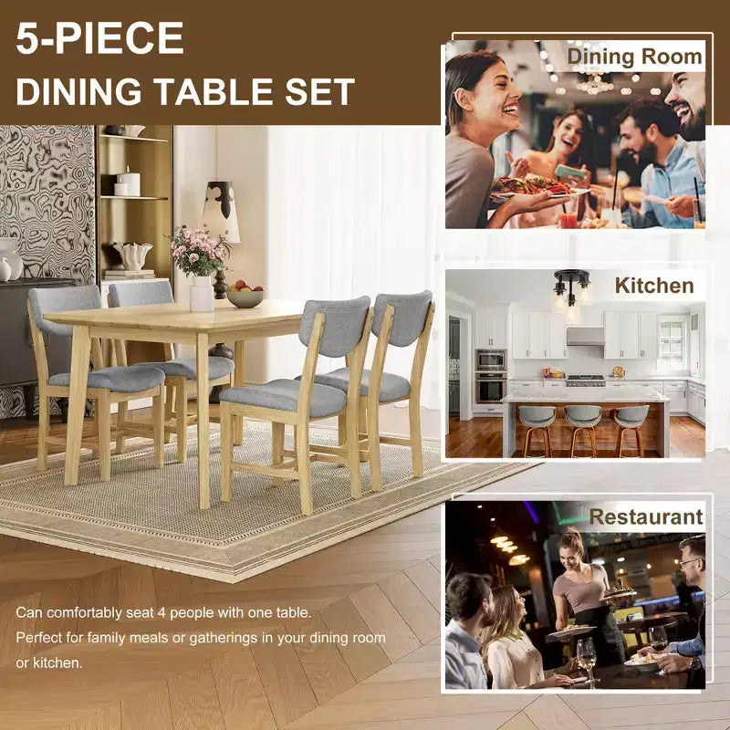 GDFStudio Conner Farmhouse-Style 5-Piece Dining Set 1 Solid Wood Table and 4 Upholstered Chairs