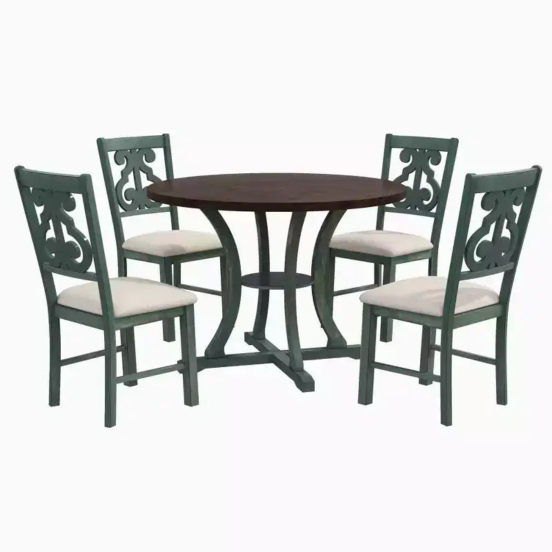 5 Pieces Wooden Round Dining Table and Chair Set with Special-shaped Legs and Exquisitely Designed Hollow Chair Back for Kitchen