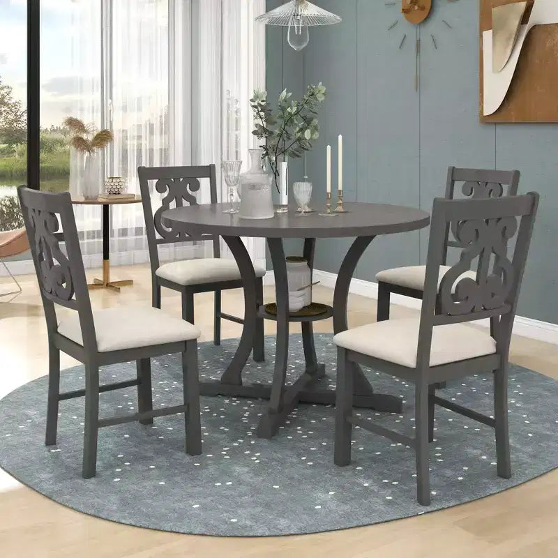 5 Pieces Wooden Round Dining Table and Chair Set with Special-shaped Legs and Exquisitely Designed Hollow Chair Back for Kitchen