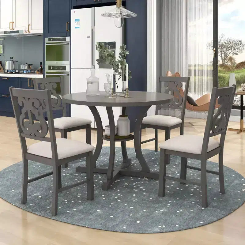 5 Pieces Wooden Round Dining Table and Chair Set with Special-shaped Legs and Exquisitely Designed Hollow Chair Back for Kitchen