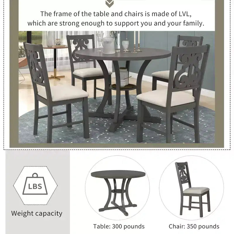 5 Pieces Wooden Round Dining Table and Chair Set with Special-shaped Legs and Exquisitely Designed Hollow Chair Back for Kitchen