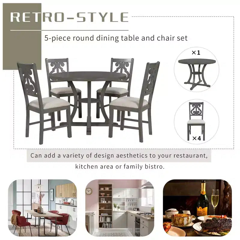 5 Pieces Wooden Round Dining Table and Chair Set with Special-shaped Legs and Exquisitely Designed Hollow Chair Back for Kitchen