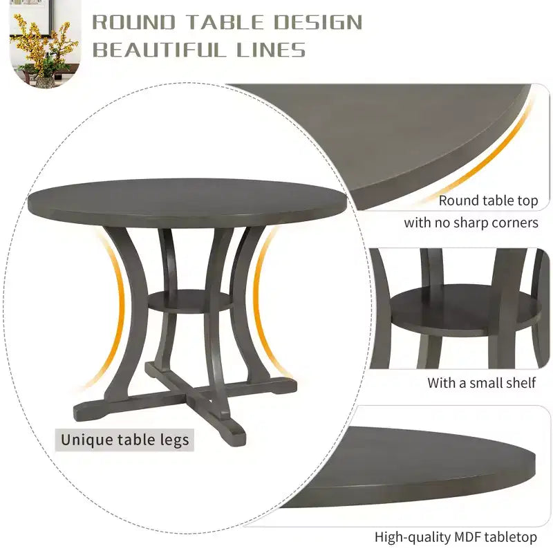 5 Pieces Wooden Round Dining Table and Chair Set with Special-shaped Legs and Exquisitely Designed Hollow Chair Back for Kitchen