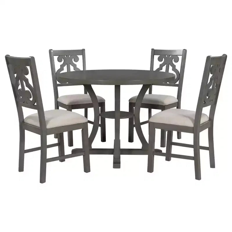 5 Pieces Wooden Round Dining Table and Chair Set with Special-shaped Legs and Exquisitely Designed Hollow Chair Back for Kitchen