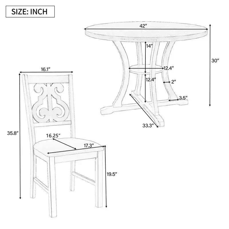 5 Pieces Wooden Round Dining Table and Chair Set with Special-shaped Legs and Exquisitely Designed Hollow Chair Back for Kitchen