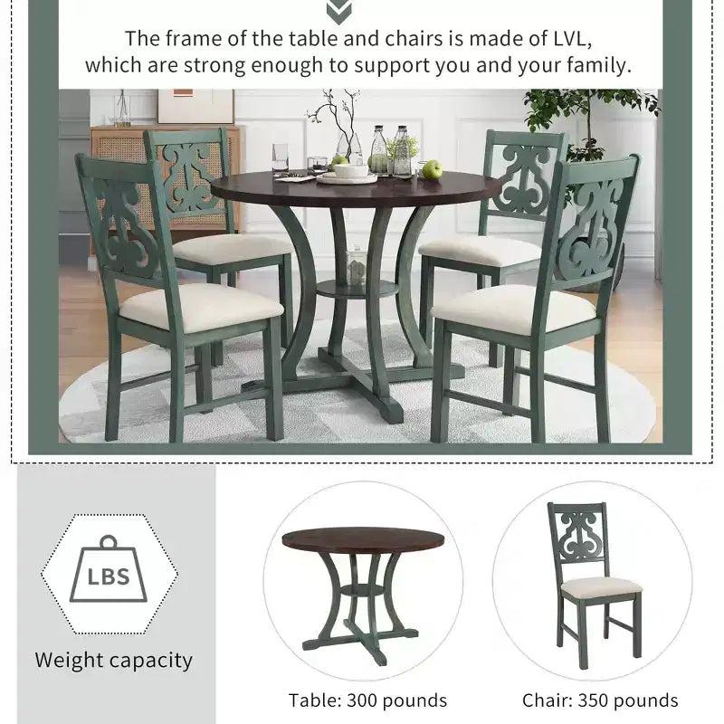 5 Pieces Wooden Round Dining Table and Chair Set with Special-shaped Legs and Exquisitely Designed Hollow Chair Back for Kitchen
