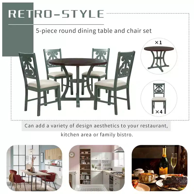 5 Pieces Wooden Round Dining Table and Chair Set with Special-shaped Legs and Exquisitely Designed Hollow Chair Back for Kitchen