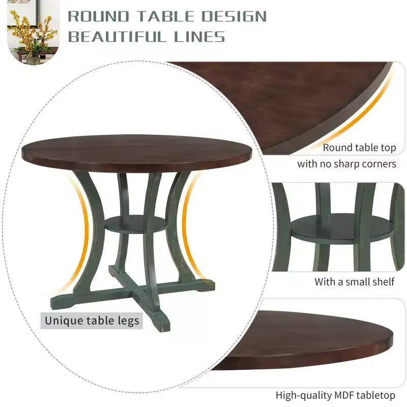 5 Pieces Wooden Round Dining Table and Chair Set with Special-shaped Legs and Exquisitely Designed Hollow Chair Back for Kitchen