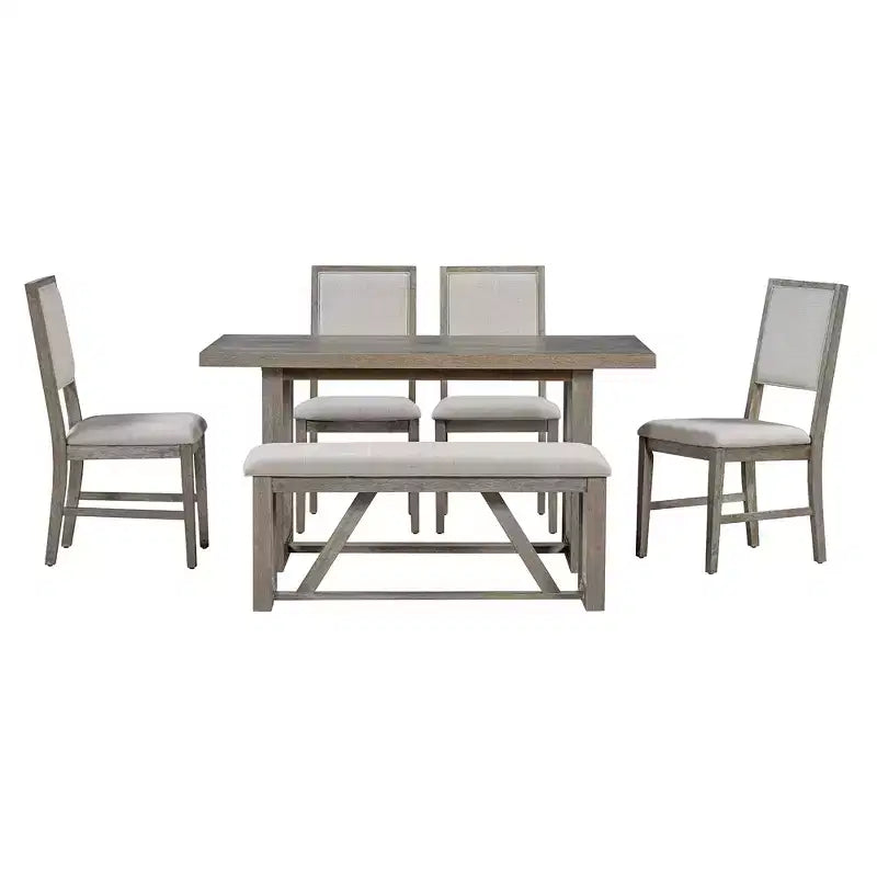 6 Pieces Farmhouse Dining Set for 5, Rectangular Table Set with Trapezoidal Table Base and 4 Upholstered Chairs and Bench for Dining Room