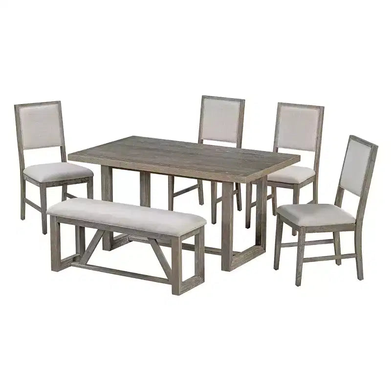 6 Pieces Farmhouse Dining Set for 5, Rectangular Table Set with Trapezoidal Table Base and 4 Upholstered Chairs and Bench for Dining Room