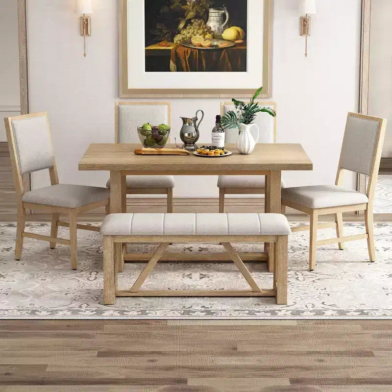6 Pieces Farmhouse Dining Set for 5, Rectangular Table Set with Trapezoidal Table Base and 4 Upholstered Chairs and Bench for Dining Room