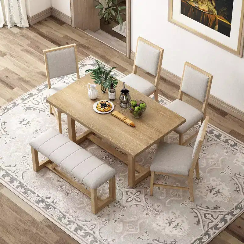 6 Pieces Farmhouse Dining Set for 5, Rectangular Table Set with Trapezoidal Table Base and 4 Upholstered Chairs and Bench for Dining Room