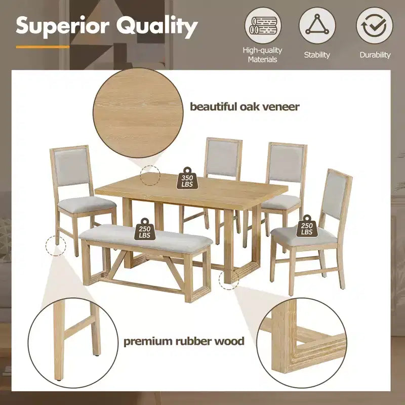 6 Pieces Farmhouse Dining Set for 5, Rectangular Table Set with Trapezoidal Table Base and 4 Upholstered Chairs and Bench for Dining Room