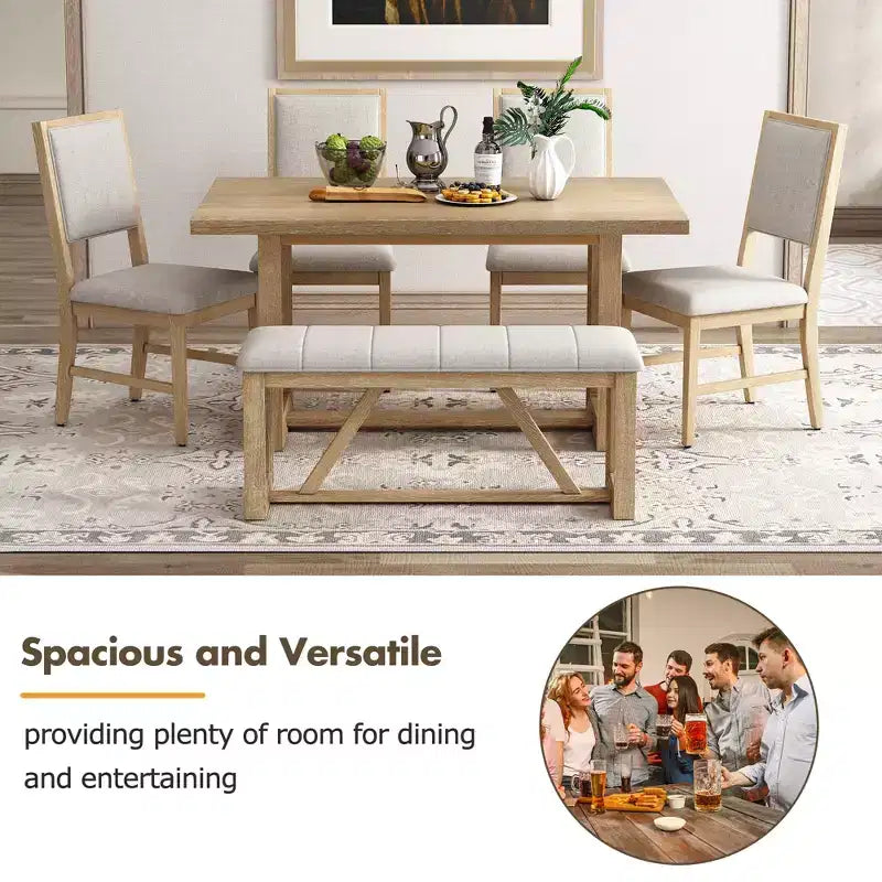 6 Pieces Farmhouse Dining Set for 5, Rectangular Table Set with Trapezoidal Table Base and 4 Upholstered Chairs and Bench for Dining Room