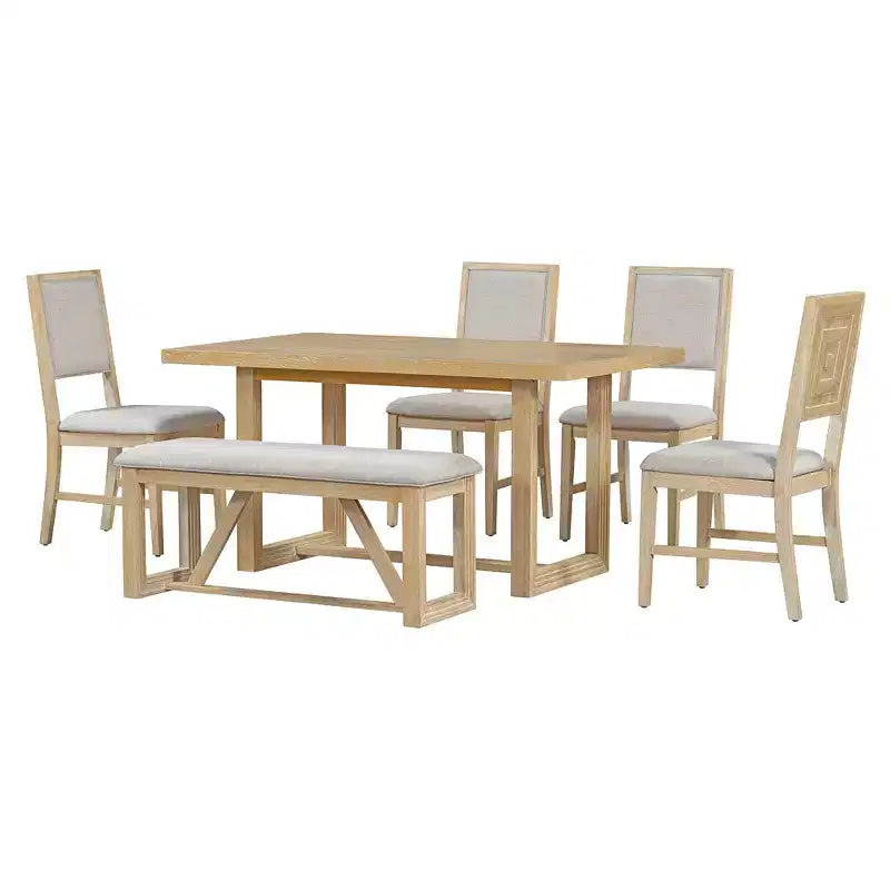 6 Pieces Farmhouse Dining Set for 5, Rectangular Table Set with Trapezoidal Table Base and 4 Upholstered Chairs and Bench for Dining Room