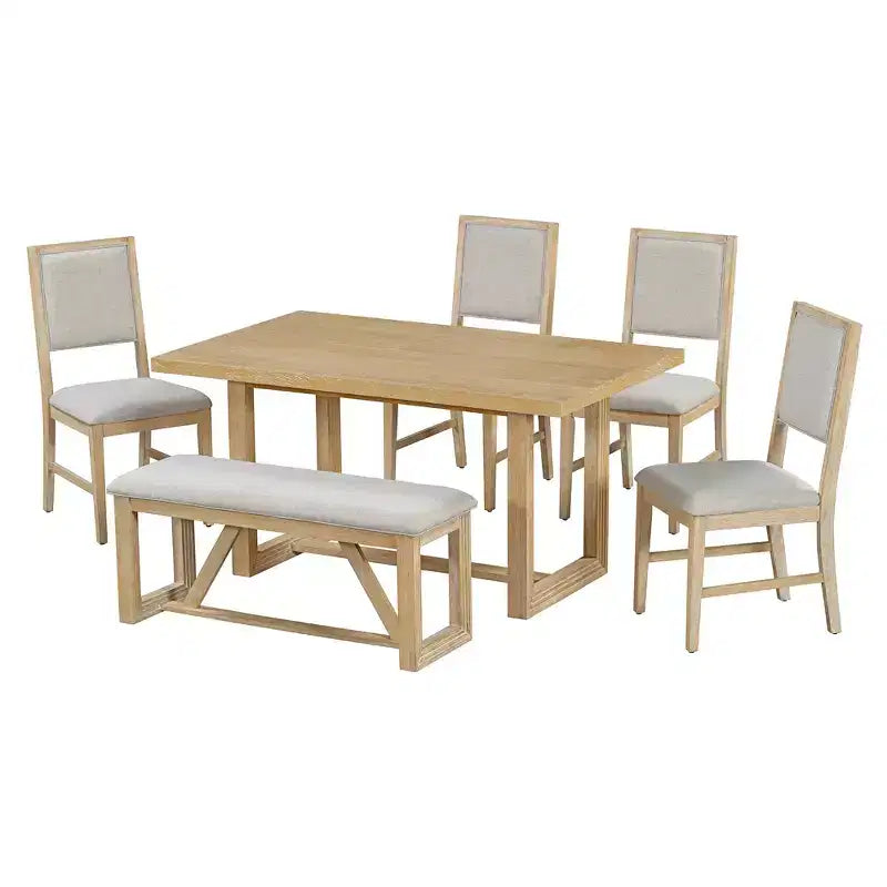 6 Pieces Farmhouse Dining Set for 5, Rectangular Table Set with Trapezoidal Table Base and 4 Upholstered Chairs and Bench for Dining Room