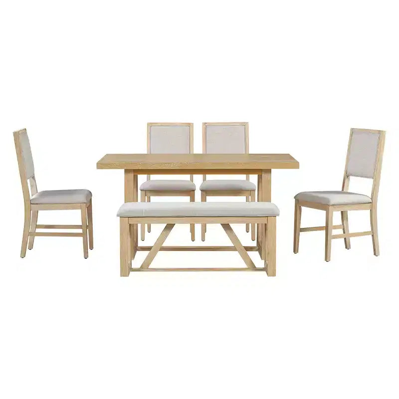 6 Pieces Farmhouse Dining Set for 5, Rectangular Table Set with Trapezoidal Table Base and 4 Upholstered Chairs and Bench for Dining Room