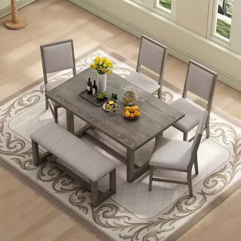 6 Pieces Farmhouse Dining Set for 5, Rectangular Table Set with Trapezoidal Table Base and 4 Upholstered Chairs and Bench for Dining Room