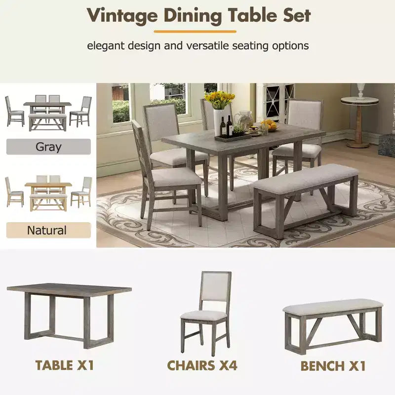 6 Pieces Farmhouse Dining Set for 5, Rectangular Table Set with Trapezoidal Table Base and 4 Upholstered Chairs and Bench for Dining Room