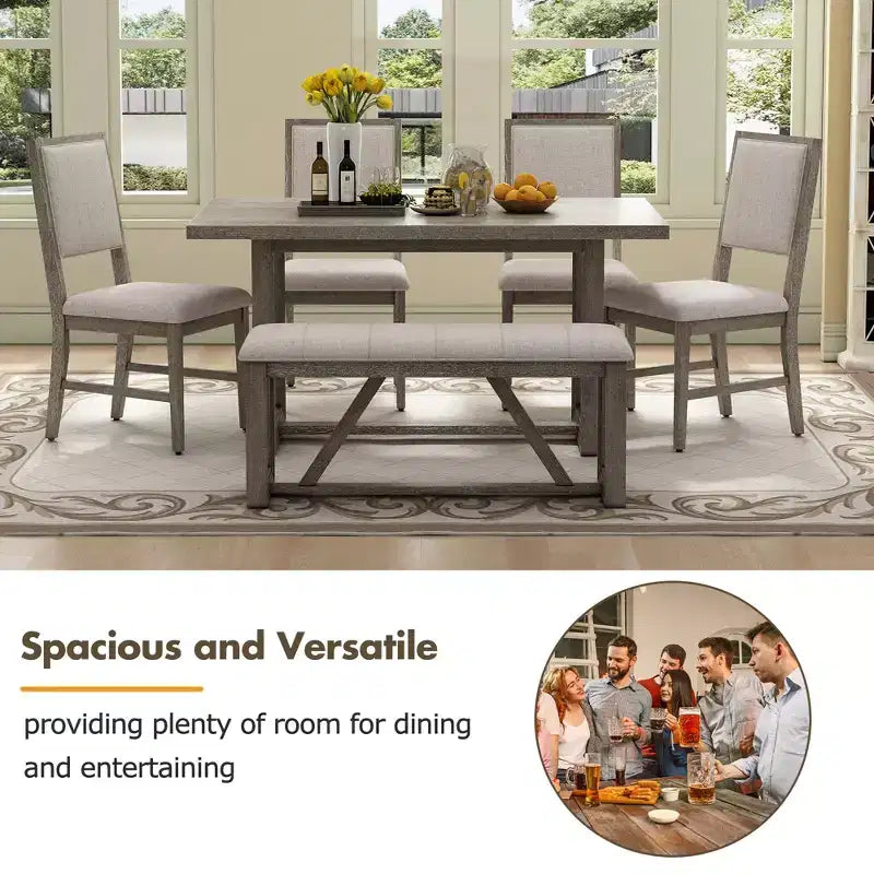 6 Pieces Farmhouse Dining Set for 5, Rectangular Table Set with Trapezoidal Table Base and 4 Upholstered Chairs and Bench for Dining Room