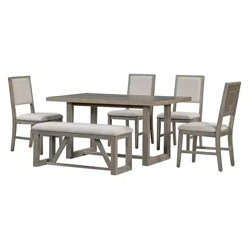 6 Pieces Farmhouse Dining Set for 5, Rectangular Table Set with Trapezoidal Table Base and 4 Upholstered Chairs and Bench for Dining Room
