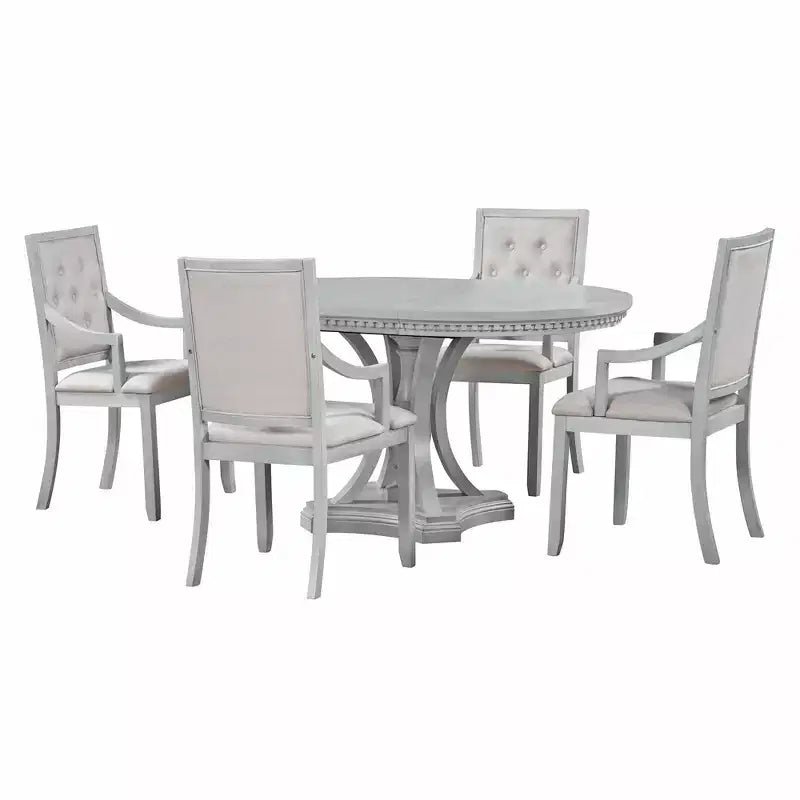 Farmhouse Round Dining Set for 4, Wood Kitchen Extendable Dining Table Set with 4 Upholstered Chairs