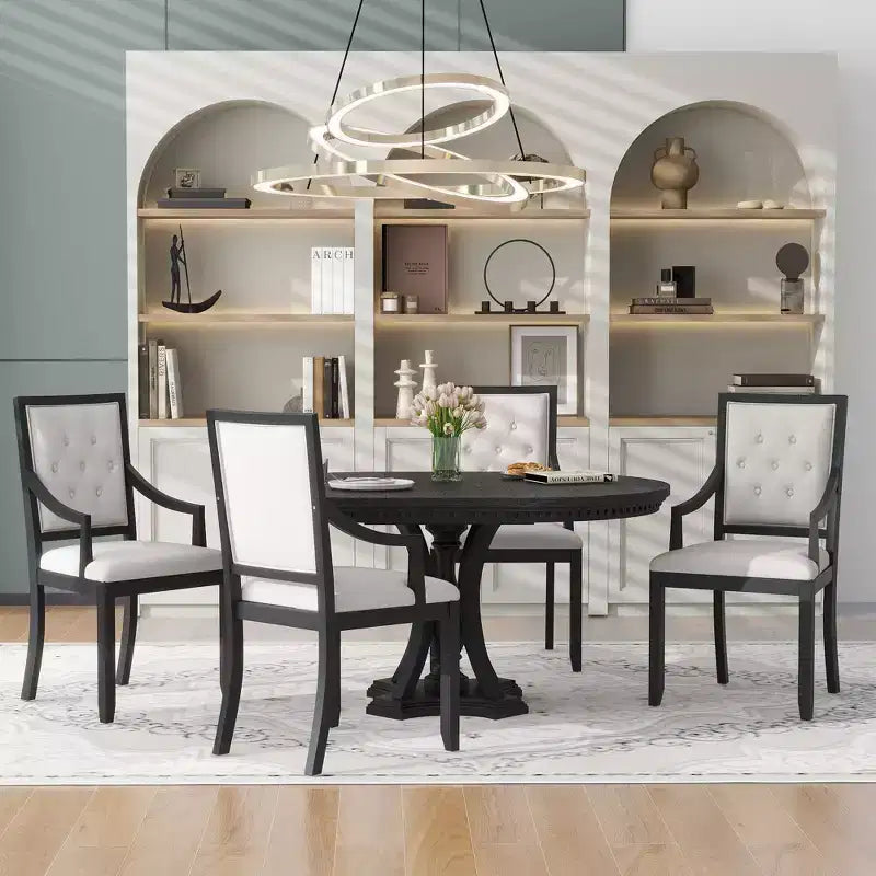 Farmhouse Round Dining Set for 4, Wood Kitchen Extendable Dining Table Set with 4 Upholstered Chairs