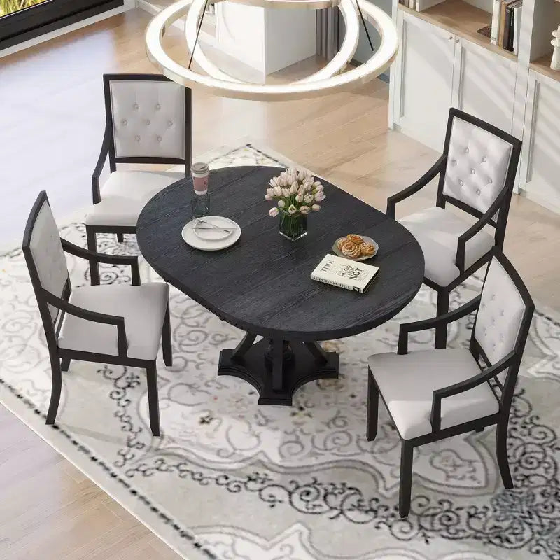 Farmhouse Round Dining Set for 4, Wood Kitchen Extendable Dining Table Set with 4 Upholstered Chairs