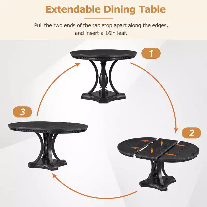 Farmhouse Round Dining Set for 4, Wood Kitchen Extendable Dining Table Set with 4 Upholstered Chairs