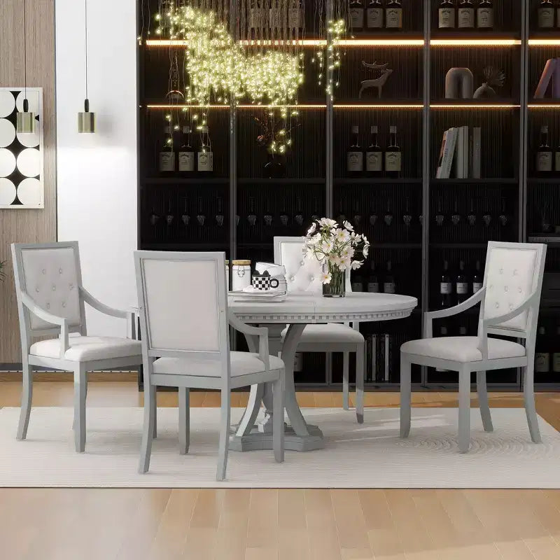 Farmhouse Round Dining Set for 4, Wood Kitchen Extendable Dining Table Set with 4 Upholstered Chairs