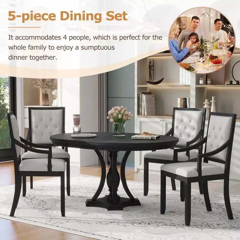 Farmhouse Round Dining Set for 4, Wood Kitchen Extendable Dining Table Set with 4 Upholstered Chairs