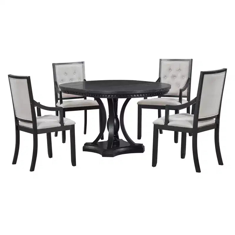 Farmhouse Round Dining Set for 4, Wood Kitchen Extendable Dining Table Set with 4 Upholstered Chairs