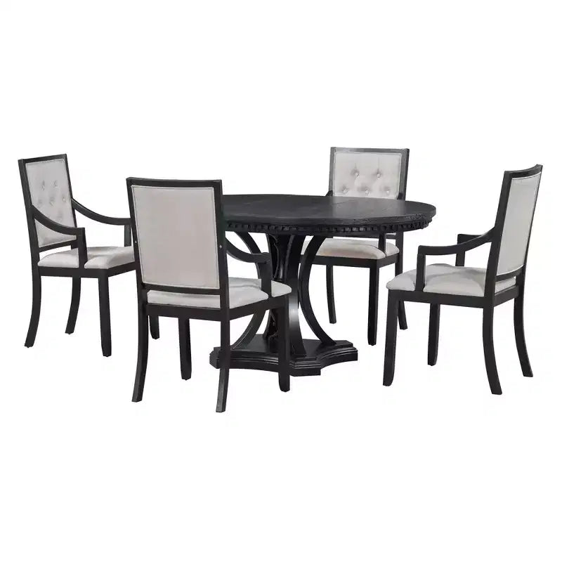 Farmhouse Round Dining Set for 4, Wood Kitchen Extendable Dining Table Set with 4 Upholstered Chairs