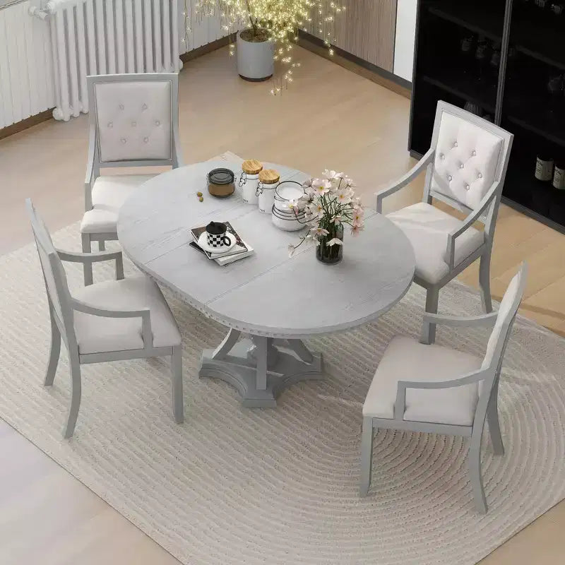 Farmhouse Round Dining Set for 4, Wood Kitchen Extendable Dining Table Set with 4 Upholstered Chairs