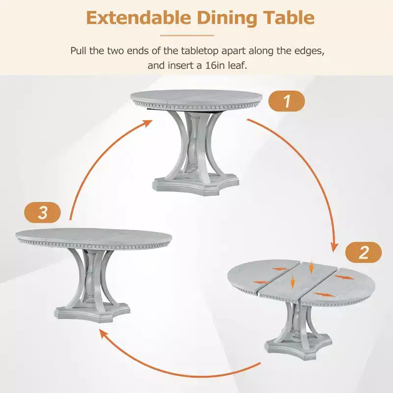 Farmhouse Round Dining Set for 4, Wood Kitchen Extendable Dining Table Set with 4 Upholstered Chairs