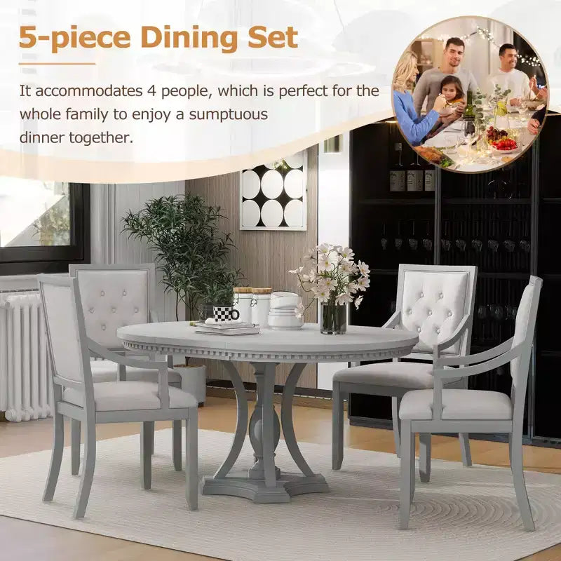 Farmhouse Round Dining Set for 4, Wood Kitchen Extendable Dining Table Set with 4 Upholstered Chairs