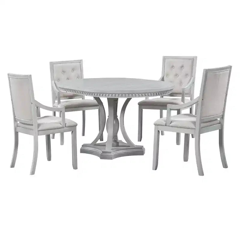 Farmhouse Round Dining Set for 4, Wood Kitchen Extendable Dining Table Set with 4 Upholstered Chairs