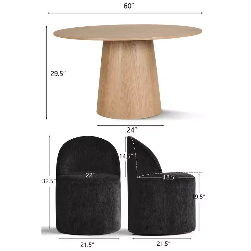 Modern Dining Table Set For 6, Round Pedestal Dining Table, Swivel Rolling Barrel Chairs With Wheels, Textured Chenille- Panipeachy