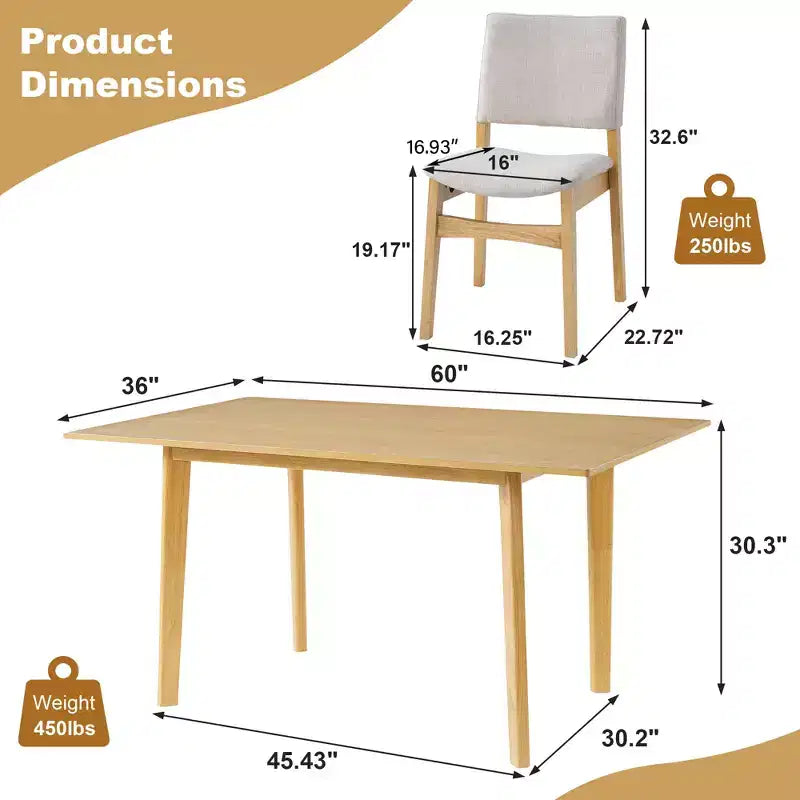 GDFStudio Crawford 5-Piece Modern Dining Set - Rectangular Solid Wood Table & Upholstered Linen Chairs