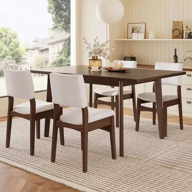 GDFStudio Crawford 5-Piece Modern Dining Set - Rectangular Solid Wood Table & Upholstered Linen Chairs