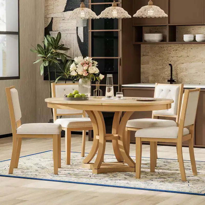 Round Extendable Dining Table Set for 4, 5 Piece Retro Functional Wood Dining Table Set with 4 Upholstered Chairs for Kitchen