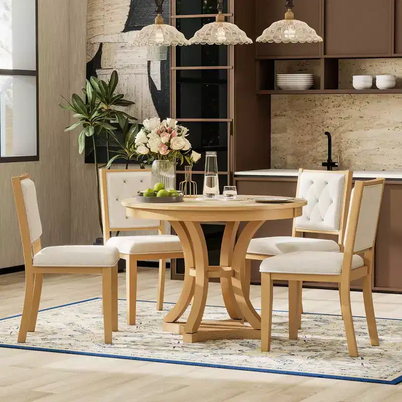 Round Extendable Dining Table Set for 4, 5 Piece Retro Functional Wood Dining Table Set with 4 Upholstered Chairs for Kitchen