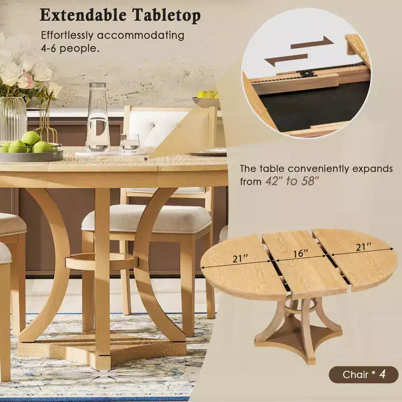 Round Extendable Dining Table Set for 4, 5 Piece Retro Functional Wood Dining Table Set with 4 Upholstered Chairs for Kitchen