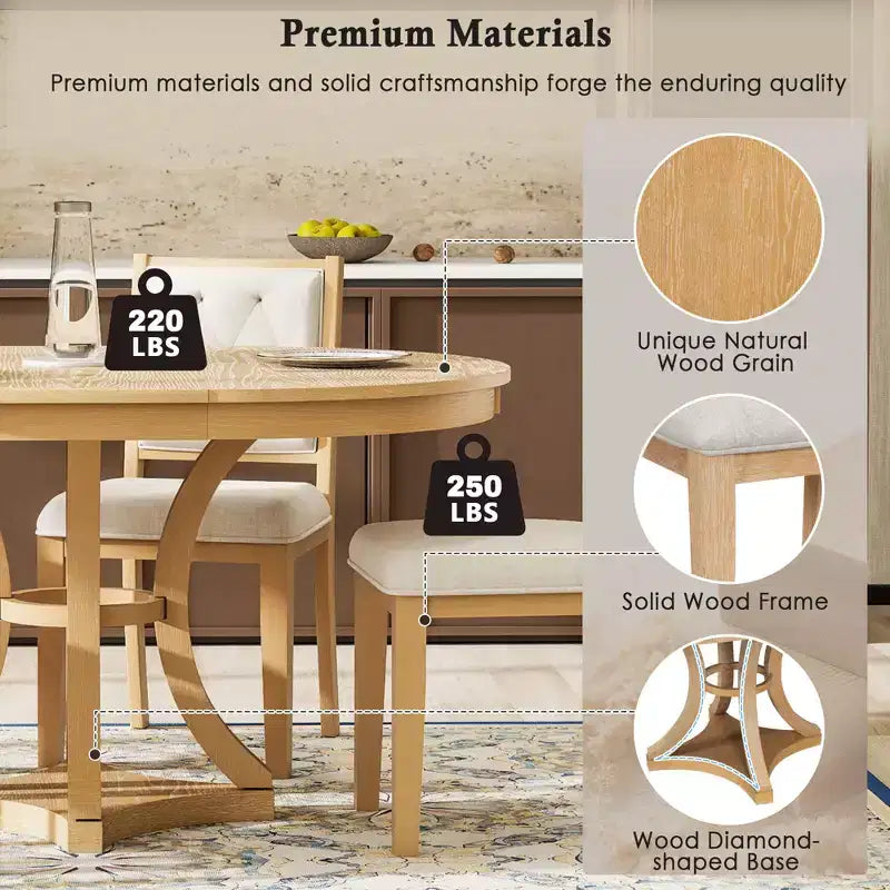 Round Extendable Dining Table Set for 4, 5 Piece Retro Functional Wood Dining Table Set with 4 Upholstered Chairs for Kitchen