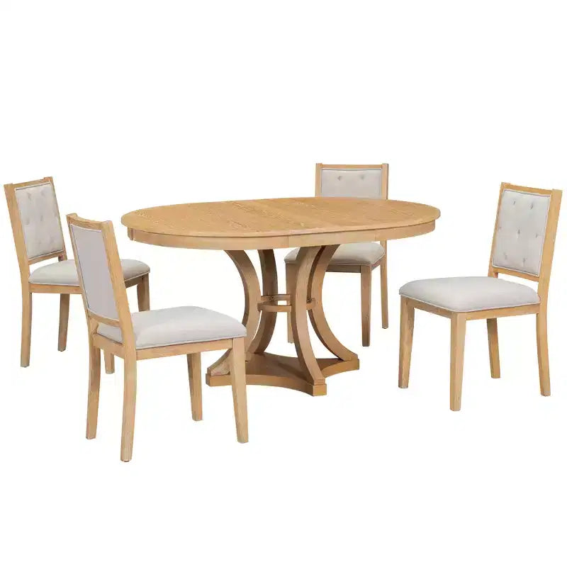 Round Extendable Dining Table Set for 4, 5 Piece Retro Functional Wood Dining Table Set with 4 Upholstered Chairs for Kitchen