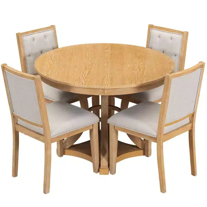 Round Extendable Dining Table Set for 4, 5 Piece Retro Functional Wood Dining Table Set with 4 Upholstered Chairs for Kitchen