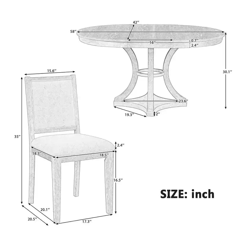 Round Extendable Dining Table Set for 4, 5 Piece Retro Functional Wood Dining Table Set with 4 Upholstered Chairs for Kitchen